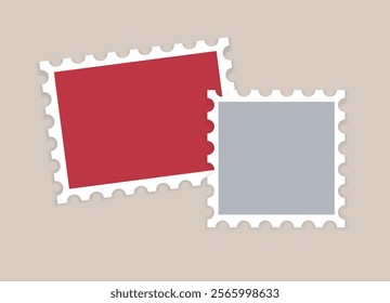 Two empty postage Stamps. Square and rectangular template. Mockup with perforated frames. Just insert image or design. 