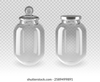 Two empty transparent glass jars isolated on a checkered background, one with a round glass lid and the other with a silver metal lid. Perfect for kitchen storage, packaging, and organization.