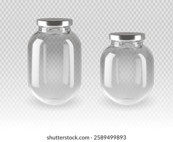 Two empty transparent glass jars with silver metal lids, isolated on a checkered background. Different sizes for kitchen storage, food preservation, and packaging. Ideal for pantry organization.