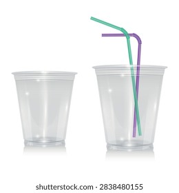 Two empty transparent plastic cups with colorful drinking straws