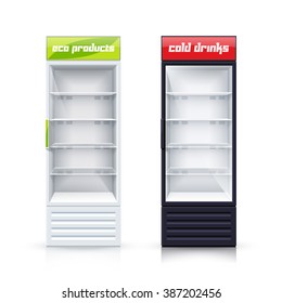 Two empty vertical refrigerators with transparent front panels for cooling drinks and eco products realistic vector Illustration