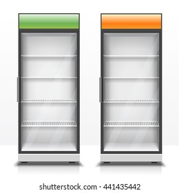 Two empty vertical refrigerators with transparent front panels