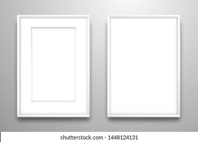 Two empty white frames with passe-partout and without it for an image or photo hanging on the wall. Mockup for design