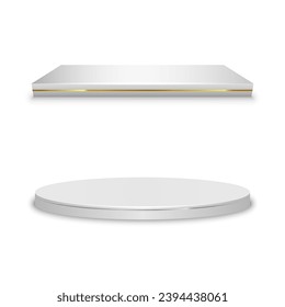 Two empty white stages. Square and round empty podiums. Square and round platforms. Vector illustration.
