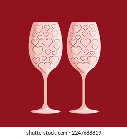 Two empty wine glasses ornate with hearts. Valentines day concept. Vector illustration