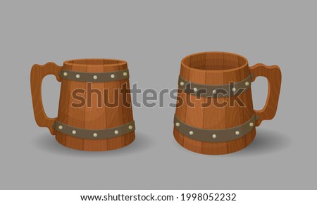 Two empty wooden beer mugs. Vintage. Cartoon style illustration. Vector icon.