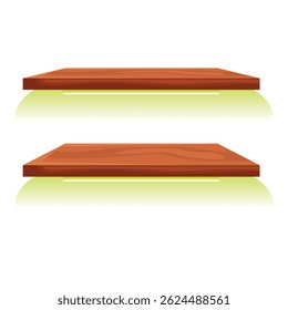 Two empty wooden shelves with a green backlight create a modern and minimalist atmosphere, perfect for displaying products or decorations