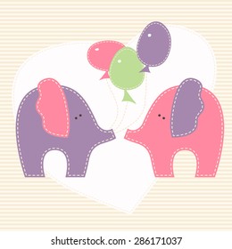 Two enamored baby elephants with colorful baloons on a light background  with a heart. Cute cartoon vector illustration in hand-sewn style with white seams. Soft pastel colors.