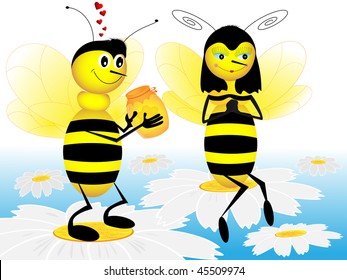 Two enamored bees on light background