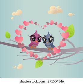 Two Enamored Birdies: The vector illustration of Pair of Bird against Love Background (Romantic Spring Card)