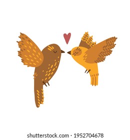 two enamored birds hand drawn vector illustration. flying birds in the air doodle drawing style. colorful cute birdies with heart isolated on white background