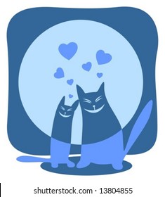 Two enamored  cats on a moon background. Valentines illustration.