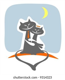 Two enamored  cats on a night background. Valentines illustration.