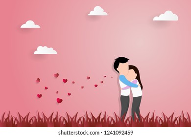 Two enamored couple with hearts in the spring season on meadow, paper art and craft style.