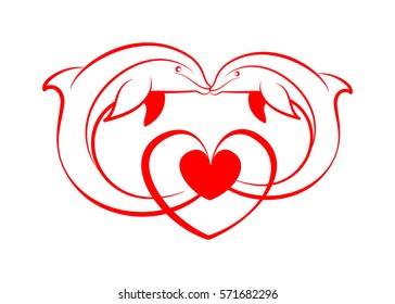 Two enamored dolphins with red fins and a stylized red heart. Linear illustration.