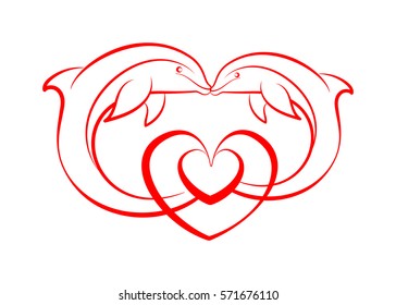 Two enamored dolphins and stylized linear heart. Linear illustration.