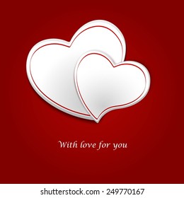 Two enamored hearts on a red background. With love for you.  Valentine's Day. Vector illustration.