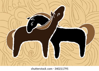 Two enamored horses. Pair of two ponies. Primitive drawing