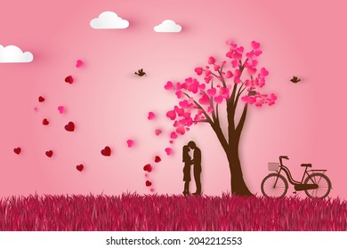 Two enamored kissing under love tree illustration. Origami Paper cut art of couple kissing on park bench on grass field with heart tree and bicycle. Love and Happy Valentine's Day concept.