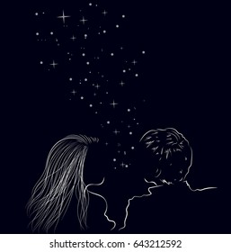 Two enamored lovers on the night sky with shining stars, illustration.