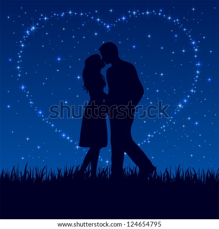 Two enamored on the night sky with shining stars, illustration.