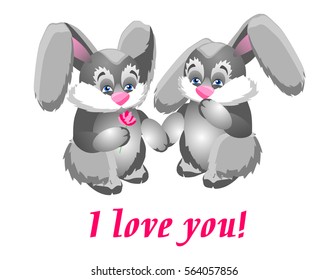 Two enamored rabbit. Boy gives a girl a flower. Cute and funny card
Valentine's Day.