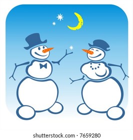 Two enamored snowballs on a blue winter background. Digital illustration.