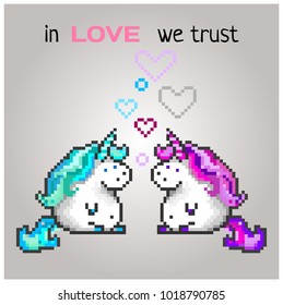 two enamored unicorns in pixel art style