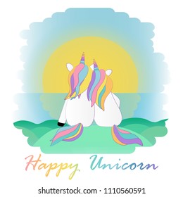 two enamored unicorns watching the sunset vector illustration
