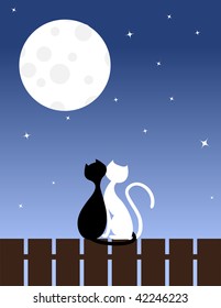 Two enamoured cats sit on a fence. Vector illustration.