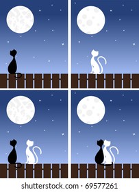 Two enamoured cats sit on a fence. Vector illustration.
