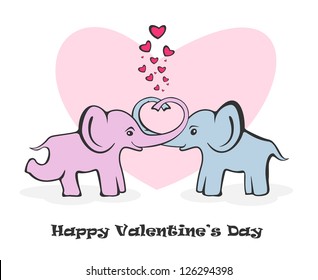 Two enamoured elephants on a white background, illustration.