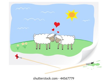 Two enamoured sheep are drawn on a paper by a brush