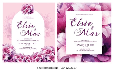 Two enchanting purple-themed floral wedding invitations. One design features an arched frame with flower clusters top and bottom. The other has a rectangular frame surrounded by a fuller