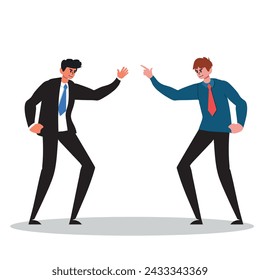 Two enemy or adversary businessmen standing head to head arguing and looking at each other. Work conflict between colleagues and office workers. Fight for leadership. Flat style vector illustration.