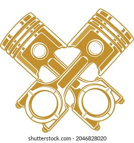 two engine piston crossed in yellow to golden color on white background 