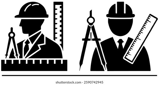 Two engineer icons vector in silhouette, each holding tools: compass and ruler, symbolizing design and measurement.