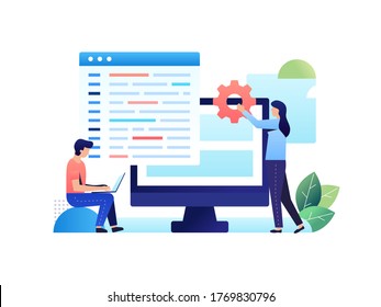 A two engineer. Man and women work together to fix every bug on their startup website. Need extra thorough to make everything done. Good Job. Specta vector Illustration with minimalism