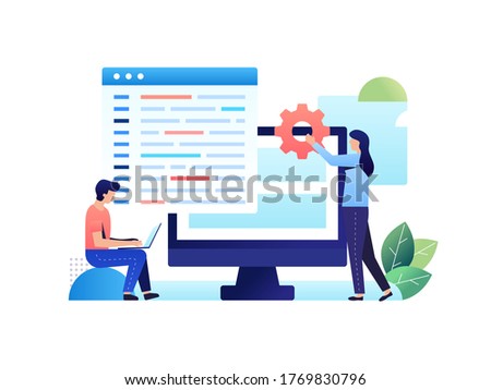 A two engineer. Man and women work together to fix every bug on their startup website. Need extra thorough to make everything done. Good Job. Specta vector Illustration with minimalism