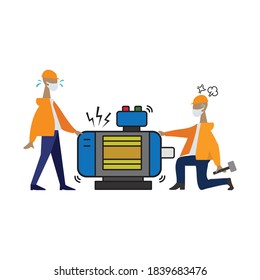 Two engineer using mask before preparing repair electric motor vector with white background