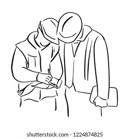 two engineer worker with hard hat looking a paper on hand vector illustration sketch doodle hand drawn with black lines isolated on white background