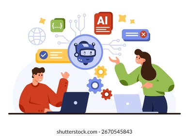 Dois engenheiros colaboram no desenvolvimento de inteligência artificial com interface de robô, engrenagens e ícones digitais em fundo branco isolado para inovação e ilustração vetorial em equipe