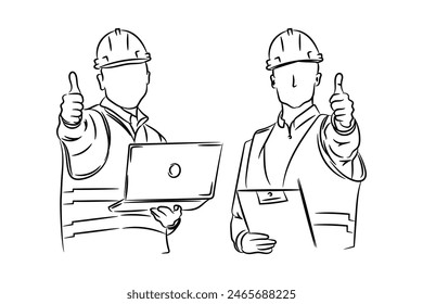 Two engineers constraction working together with tools, hand drawn line drawing vector illustration