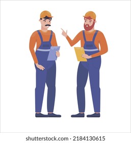 Two engineers discussing a project. Builders, architects. Gas pipline operators. People wearing uniform. Helmets. 