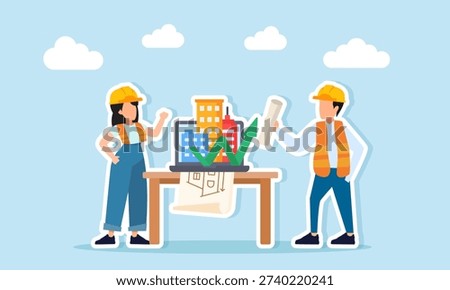 Two engineers discussing at project desk with laptop showing miniature buildings illustration of master plan preparation for skyscraper construction