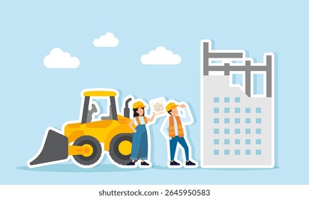 Two engineers discussing project plan paper between building construction and heavy equipment illustration of supervising construction and equipment operator work