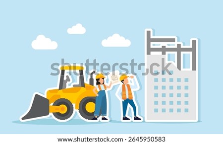 Two engineers discussing project plan paper between building construction and heavy equipment illustration of supervising construction and equipment operator work