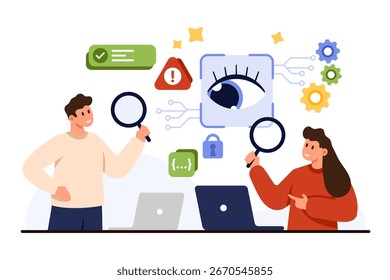 Two engineers examine biometric authentication with retina scan, focusing on cyber security, data protection, and digital access control on isolated white background vector illustration