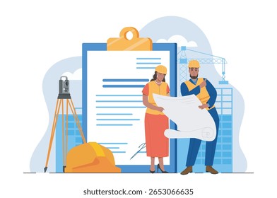 Dos ingenieros examinan un plano frente a un Portapapeles gigante, con grúas de construcción, edificios y equipos de Encuesta en el fondo. Concepto de trabajo en equipo. Ilustración vectorial
