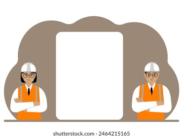 Two engineers in helmets and orange vests stand near a large white sheet.